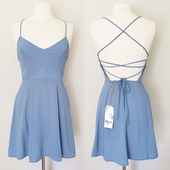 NEW Show Me Your Mumu Victoria Mini Dress Crisscross Laced Up Back Blue M $140 - Picture 13 of 13